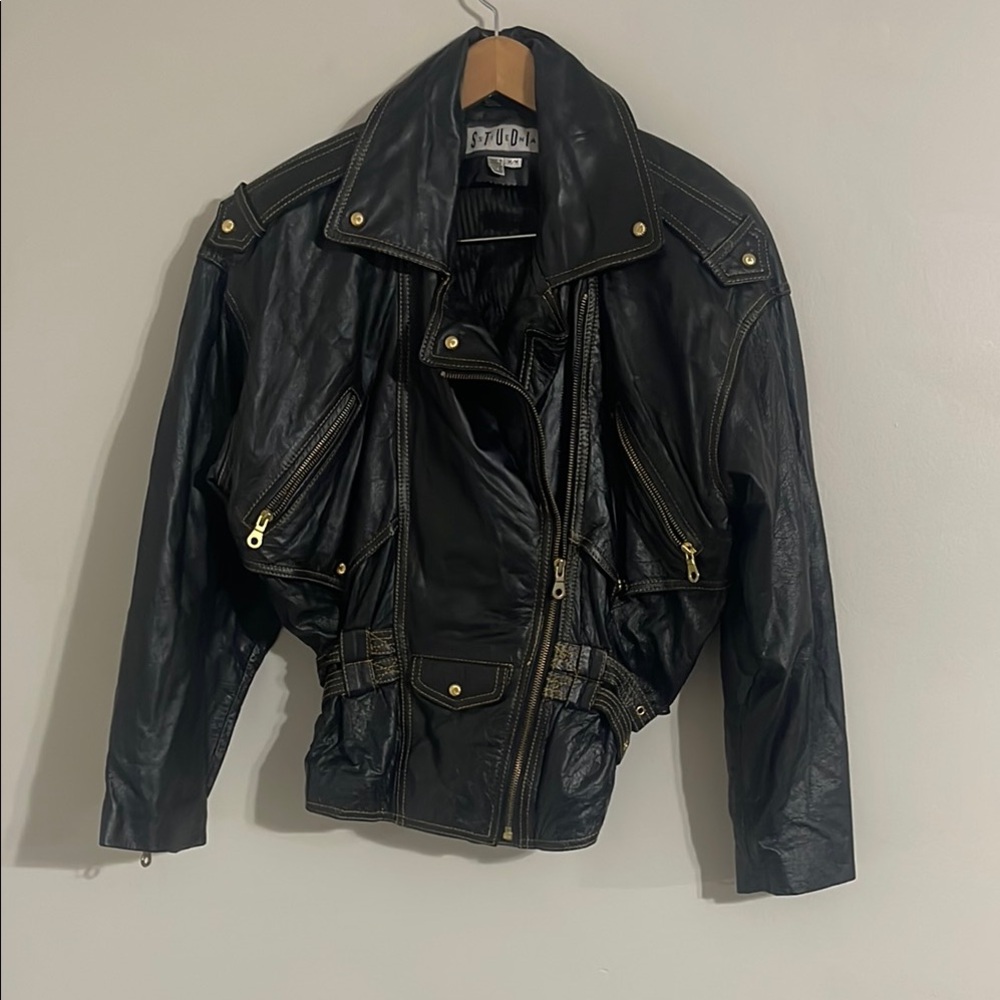 Studio sienna Vintage Black Leather Motorcycle Jacket Gold Detail Women's - Picture 2 of 8